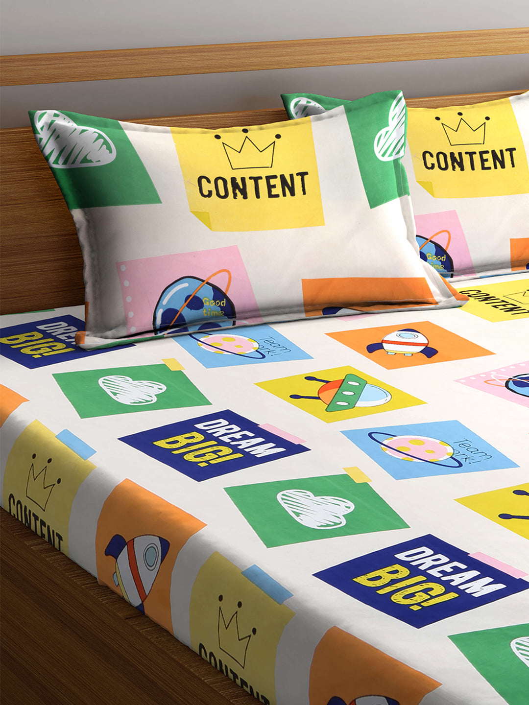 Arrabi Multi Cartoon TC Cotton Blend King Size Bookfold Bedsheet with 2 Pillow Covers (250 X 220 cm)