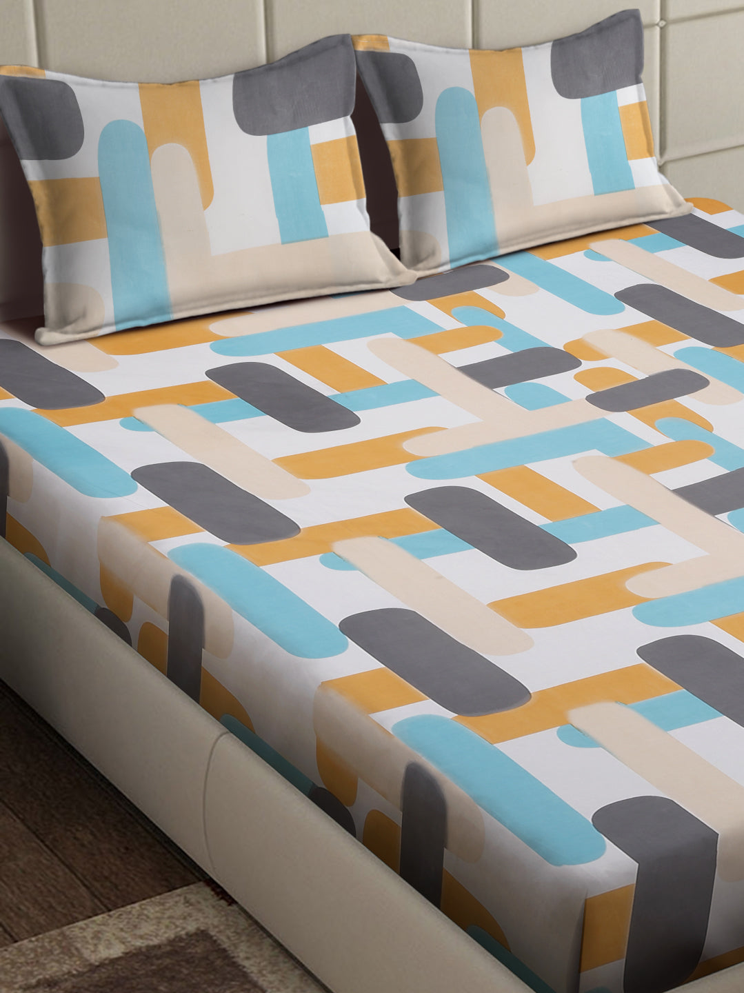 Arrabi Multi Geometric TC Cotton Blend King Size Bedsheet with 2 Pillow Covers (250 x 215 cm)