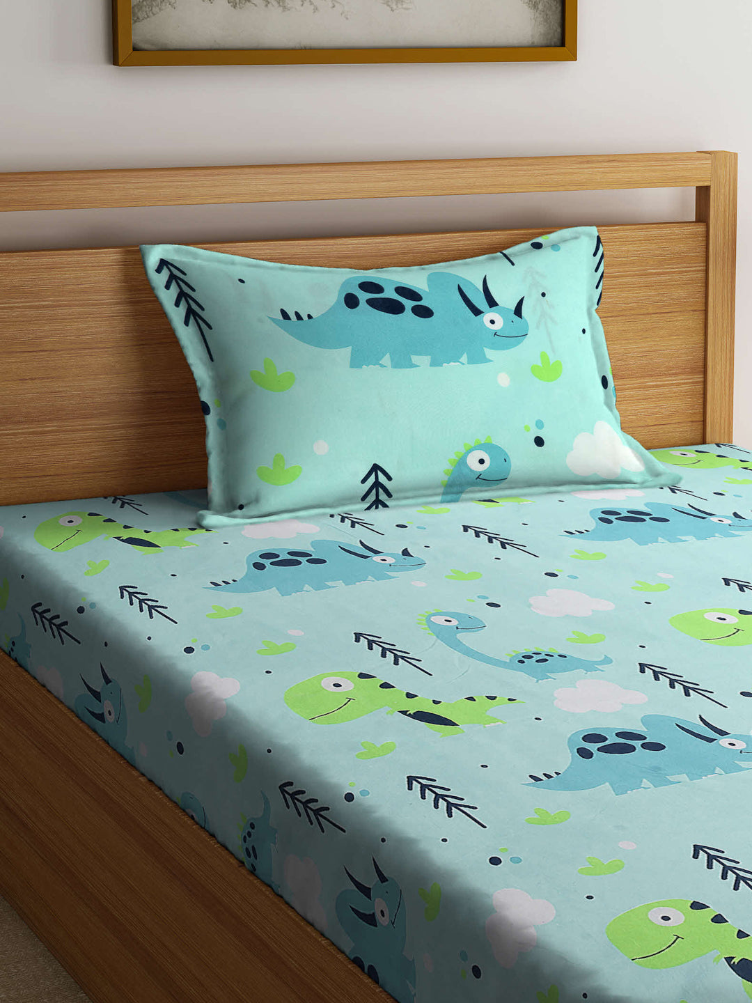 Arrabi Green Cartoon TC Cotton Blend Single Size Fitted Bedsheet with 1 Pillow Cover (215 X 150 cm)