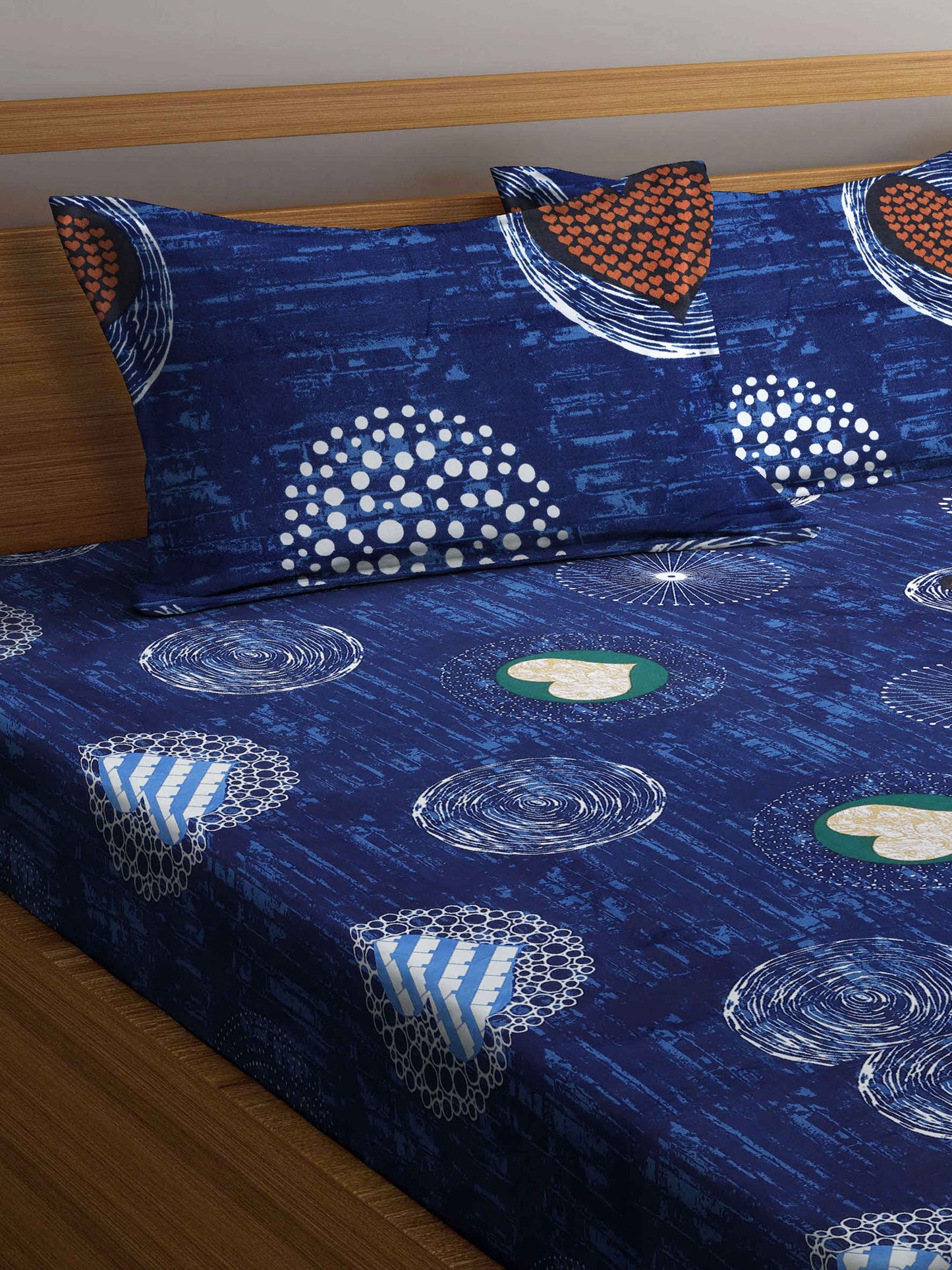 Arrabi Blue Graphic TC Cotton Blend King Size Bookfold Bedsheet with 2 Pillow Covers (250 X 215 cm)