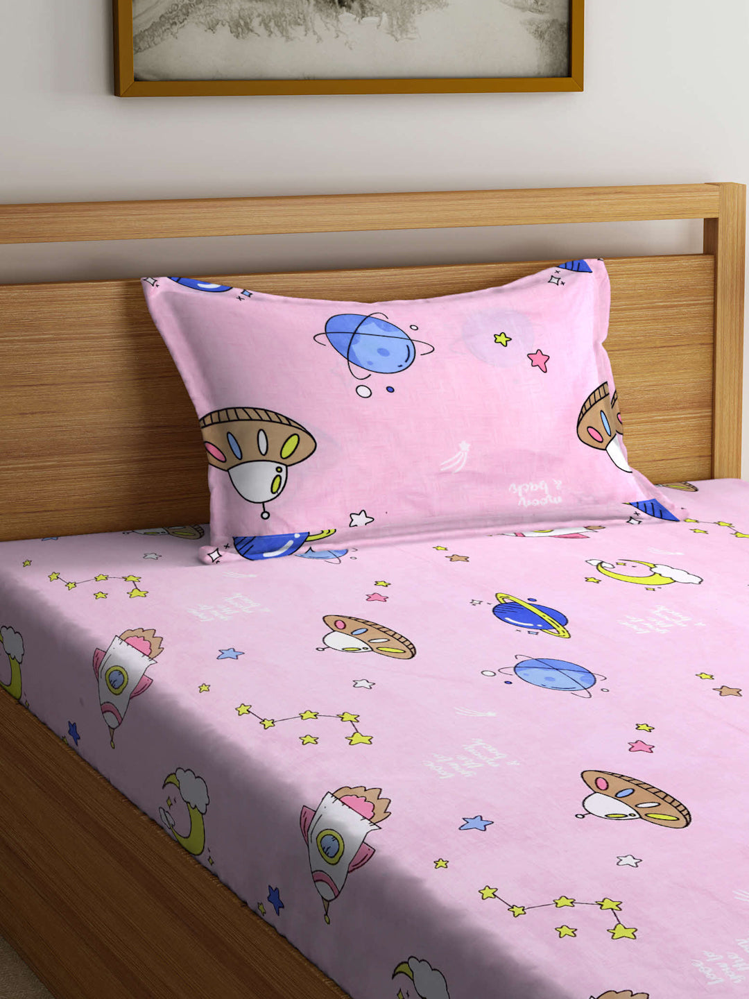 Arrabi Pink Cartoon TC Cotton Blend Single Size Fitted Bedsheet with 1 Pillow Cover (215 X 150 cm)