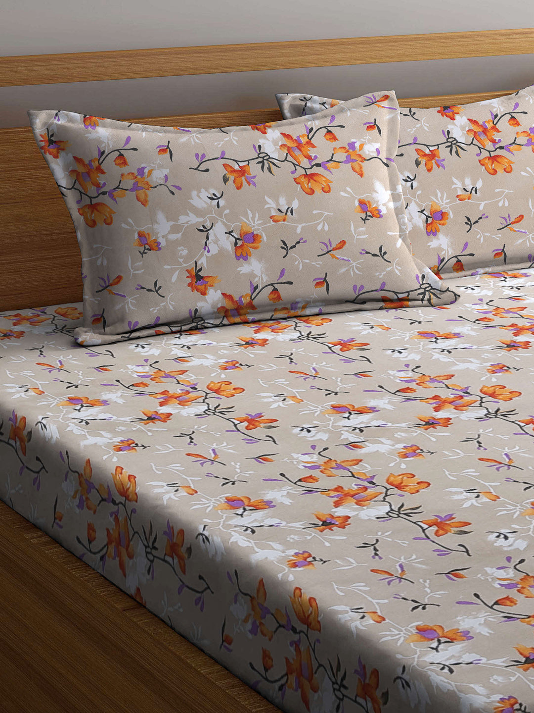 Arrabi Beige Floral TC Cotton Blend King Size Bookfold Bedsheet with 2 Pillow Covers (250 X 215 cm)