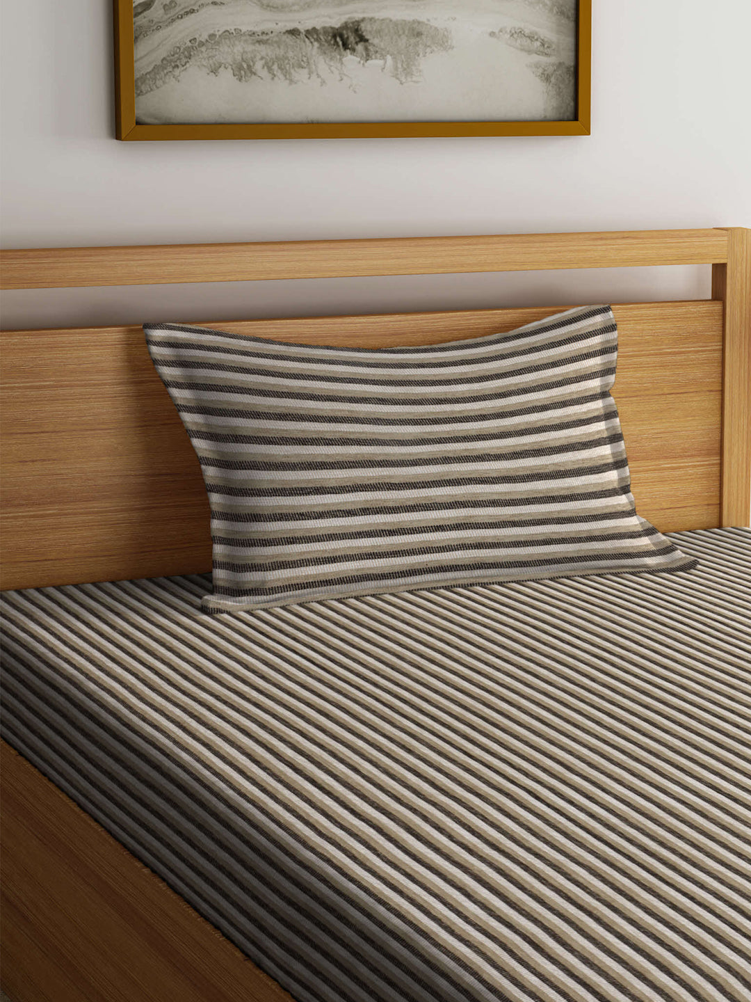 Arrabi Beige Striped Handwoven Cotton Single Size Bedsheet with 1 Pillow Cover (215 x 150 cm)