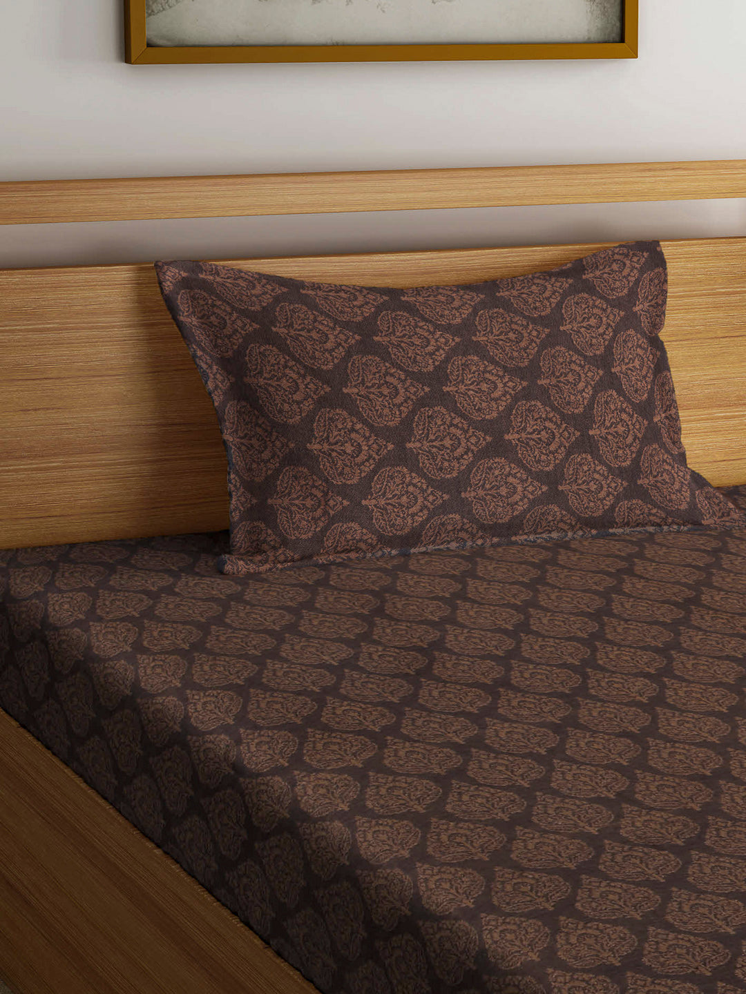 Arrabi Brown Indian Handwoven Cotton Single Size Bedsheet with 1 Pillow Cover (230 x 150 cm)