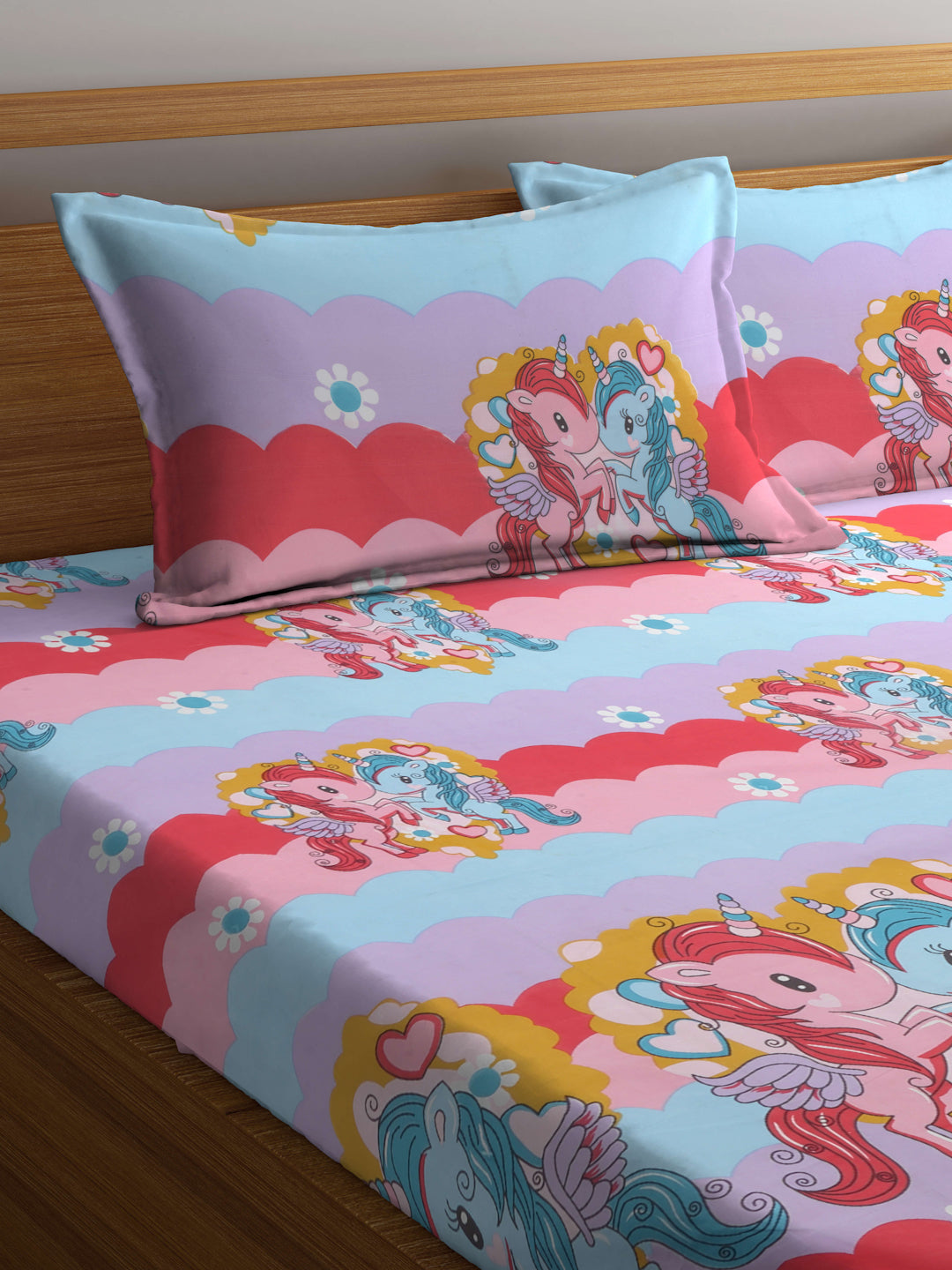 Arrabi Multi Cartoon TC Cotton Blend King Size Fitted Bedsheet with 2 Pillow Covers (250 X 215 Cm )