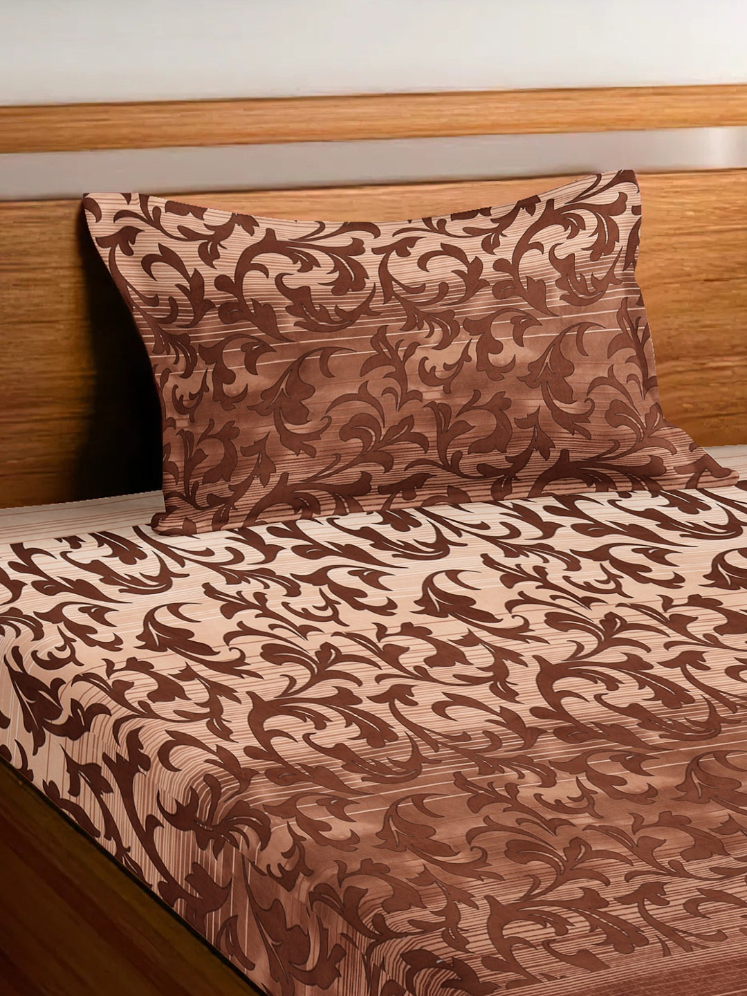 Arrabi Brown Leaf TC Cotton Blend Single Size Bedsheet with 1 Pillow Cover (215 x 150 cm)