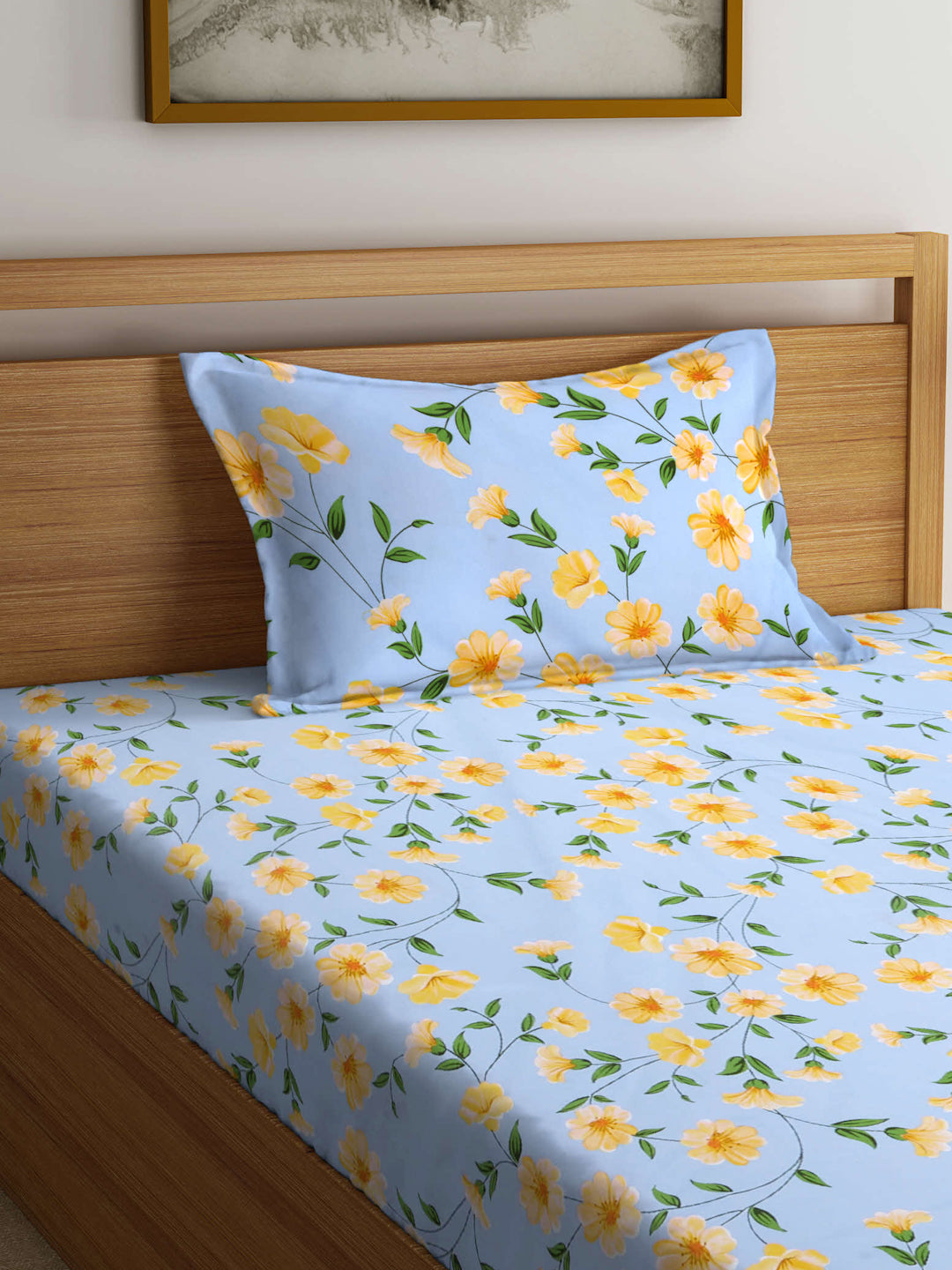 Arrabi Blue Floral TC Cotton Blend Single Size Fitted Bedsheet with 1 Pillow Cover (215 X 150 cm)