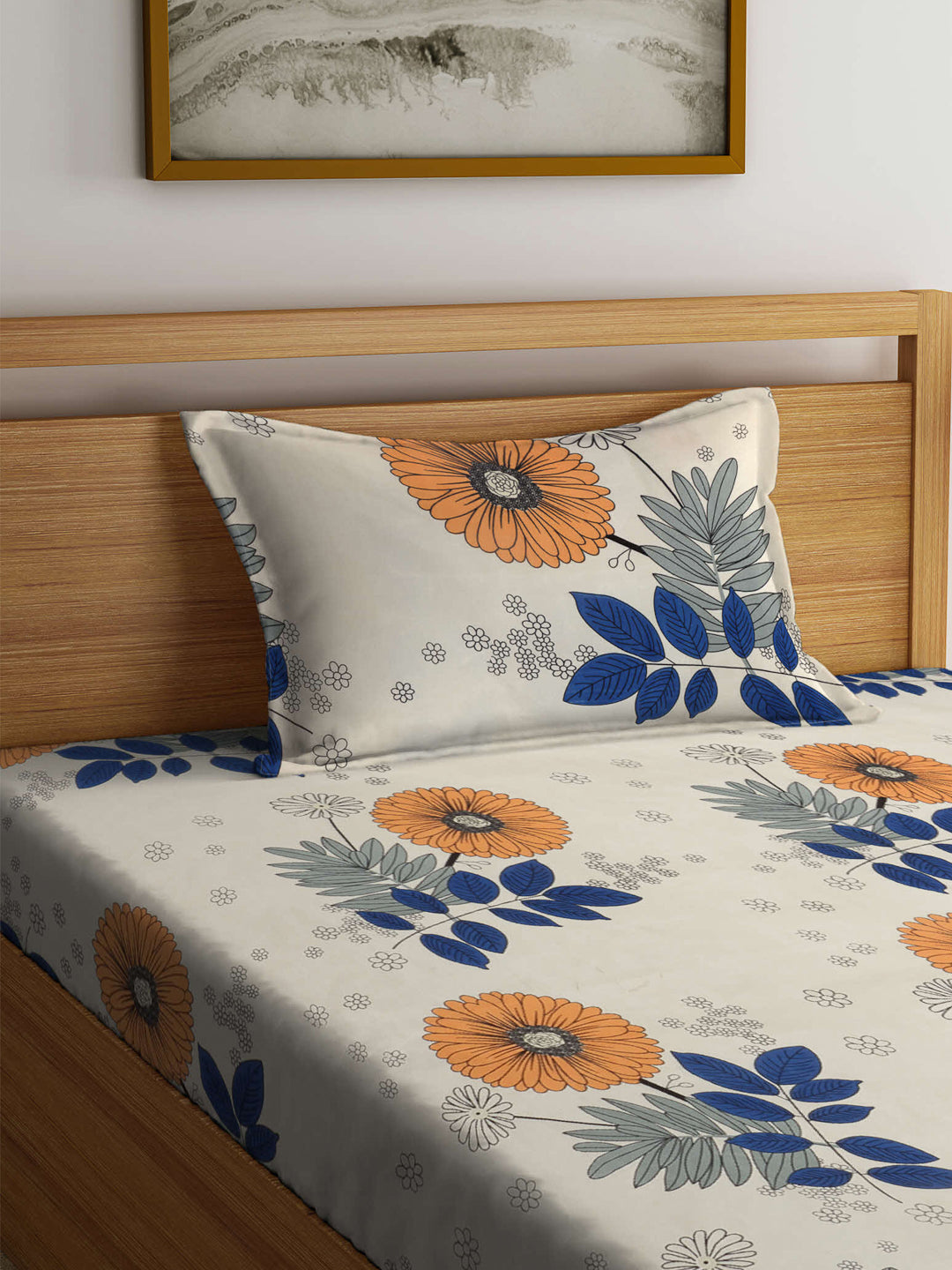 Arrabi Cream Floral TC Cotton Blend Single Size Bedsheet with 1 Pillow Cover (215 x 150 cm)