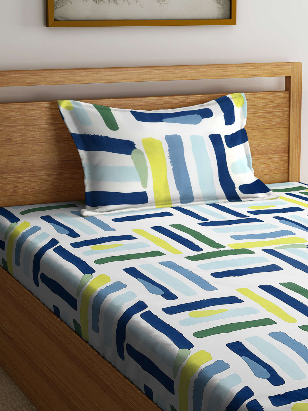 Arrabi Multi Geometric TC Cotton Blend Single Size Fitted Bedsheet with 1 Pillow Cover (215 X 150 cm)