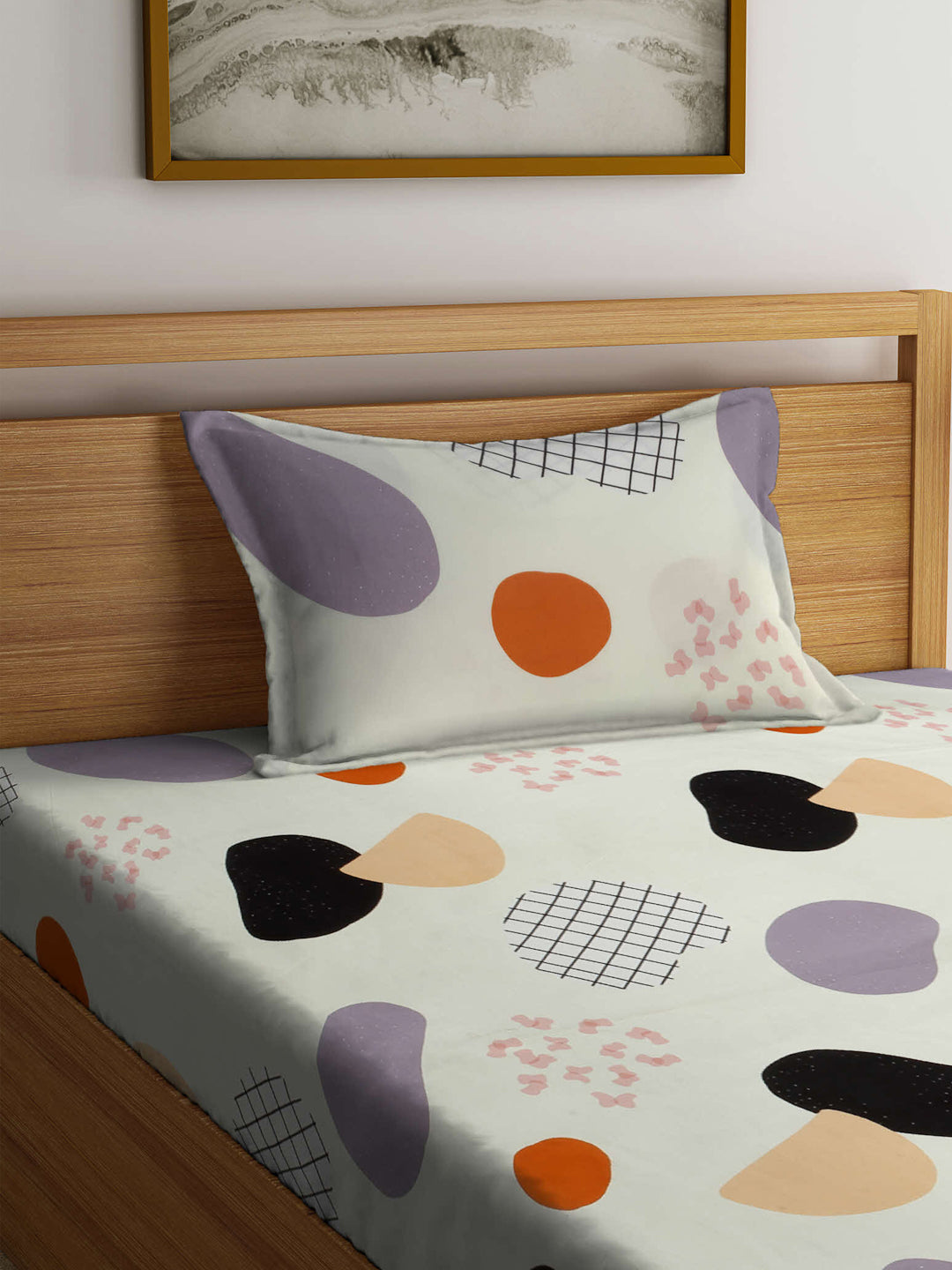 Arrabi Cream Graphic TC Cotton Blend Single Size Bedsheet with 1 Pillow Cover (215 x 150 cm)