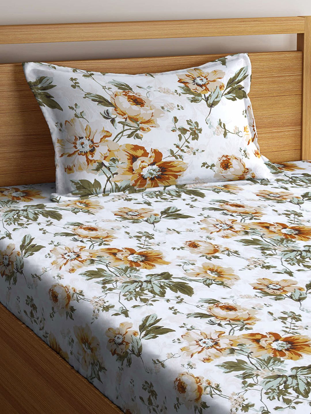 Arrabi White Floral TC Cotton Blend Single Size Fitted Bedsheet with 1 Pillow Cover (220 X 150 cm)