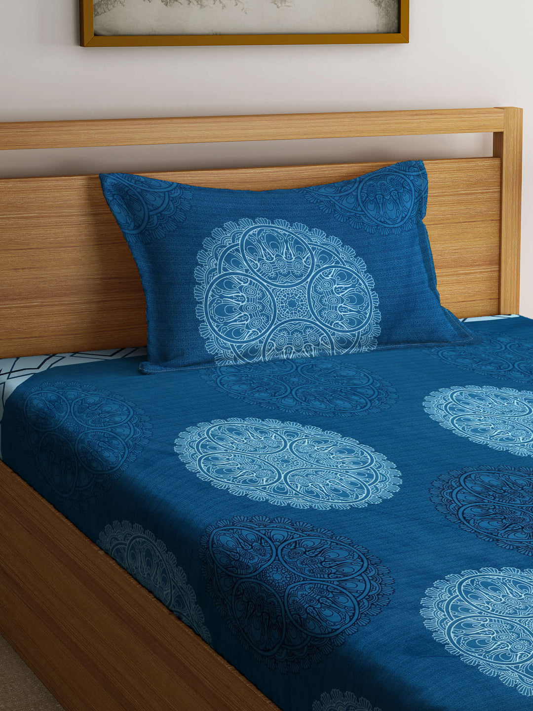 Arrabi Blue Indian TC Cotton Blend Single Size Bedsheet with 1 Pillow Cover (215 x 150 cm)