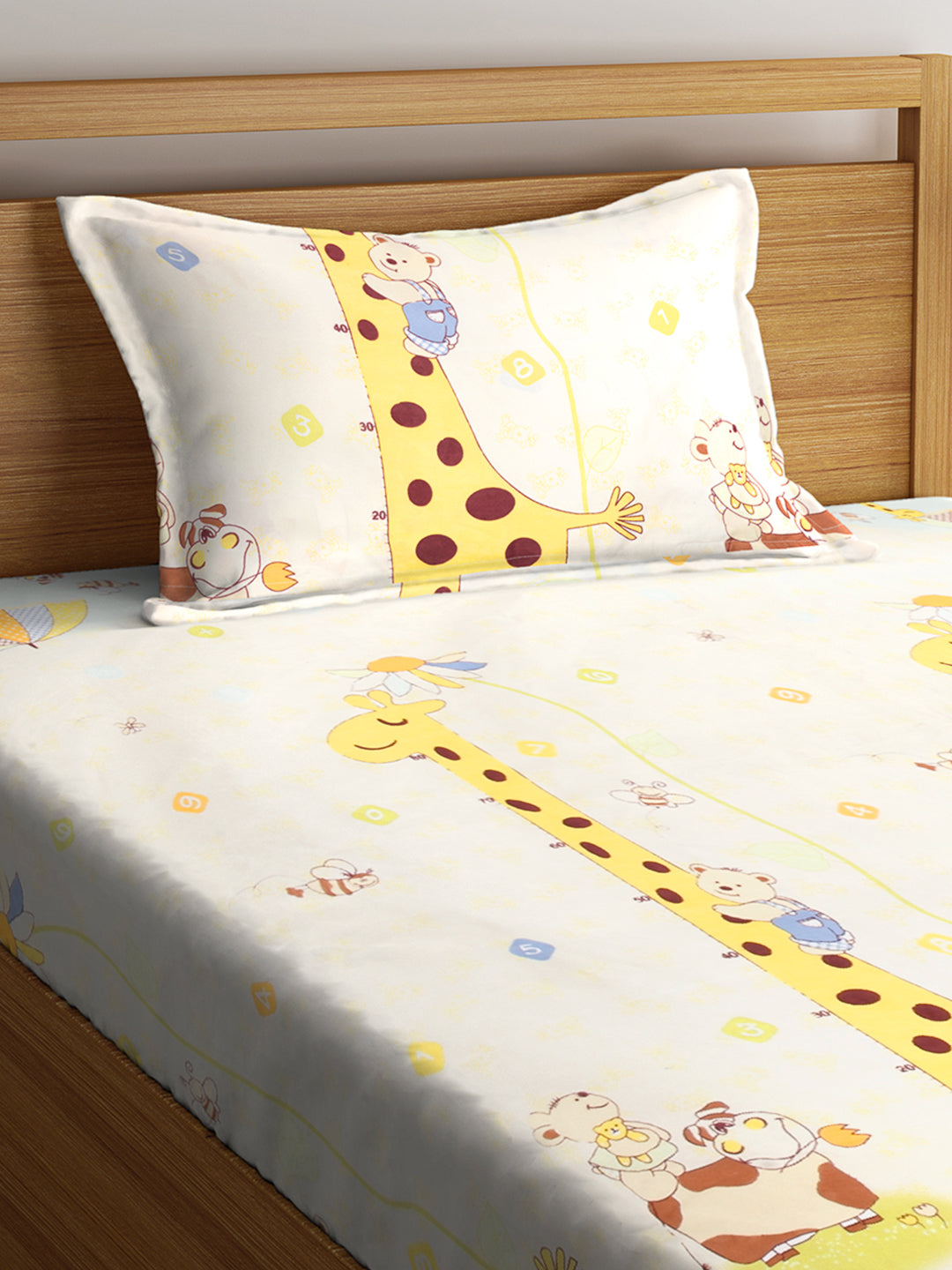 Arrabi Yellow Cartoon TC Cotton Blend Single Size Fitted Bedsheet with 1 Pillow Cover (220 X 150 cm)