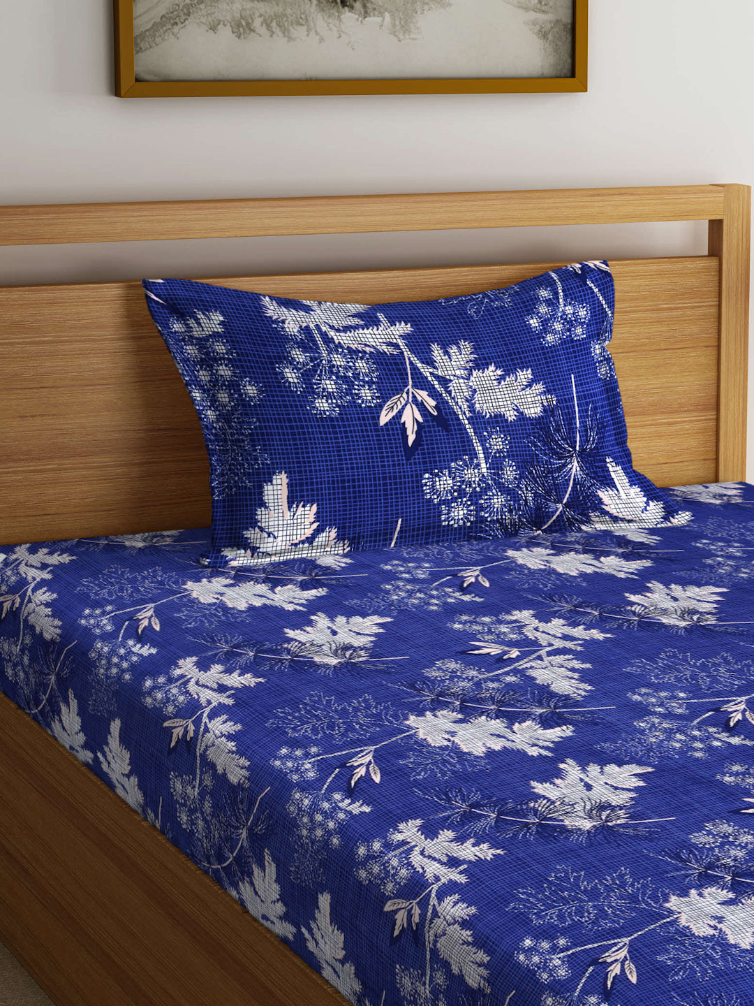 Arrabi Blue Leaf TC Cotton Blend Single Size Fitted Bedsheet with 1 Pillow Cover (215 X 150 cm)