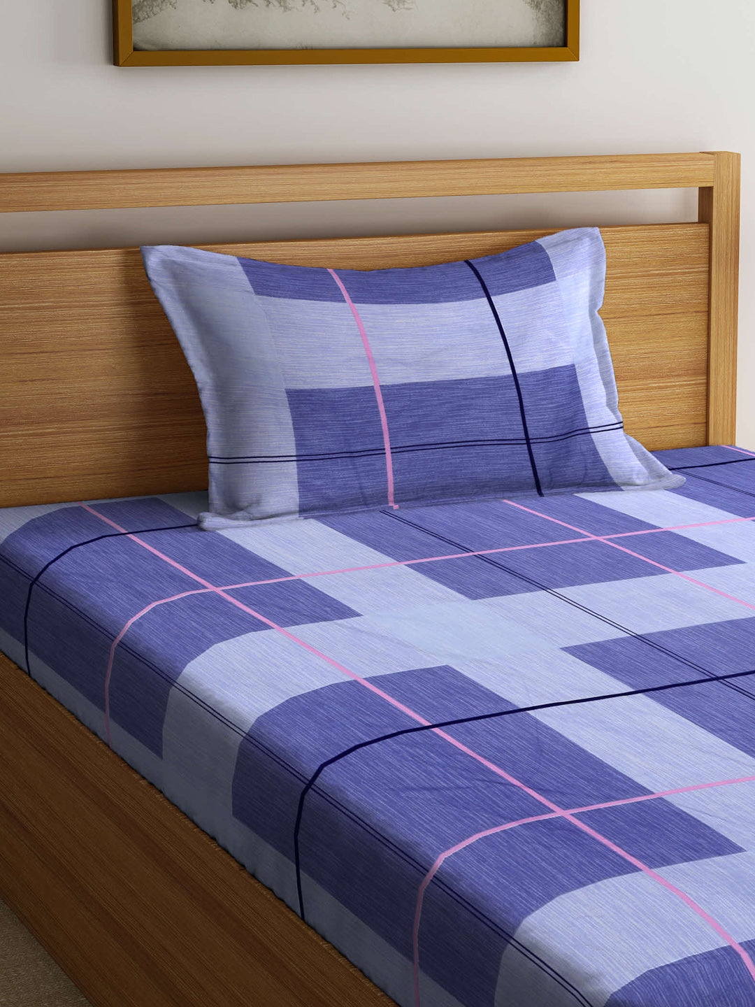 Arrabi Blue Geometric TC Cotton Blend Single Size Bedsheet with 1 Pillow Cover (215 x 150 cm)