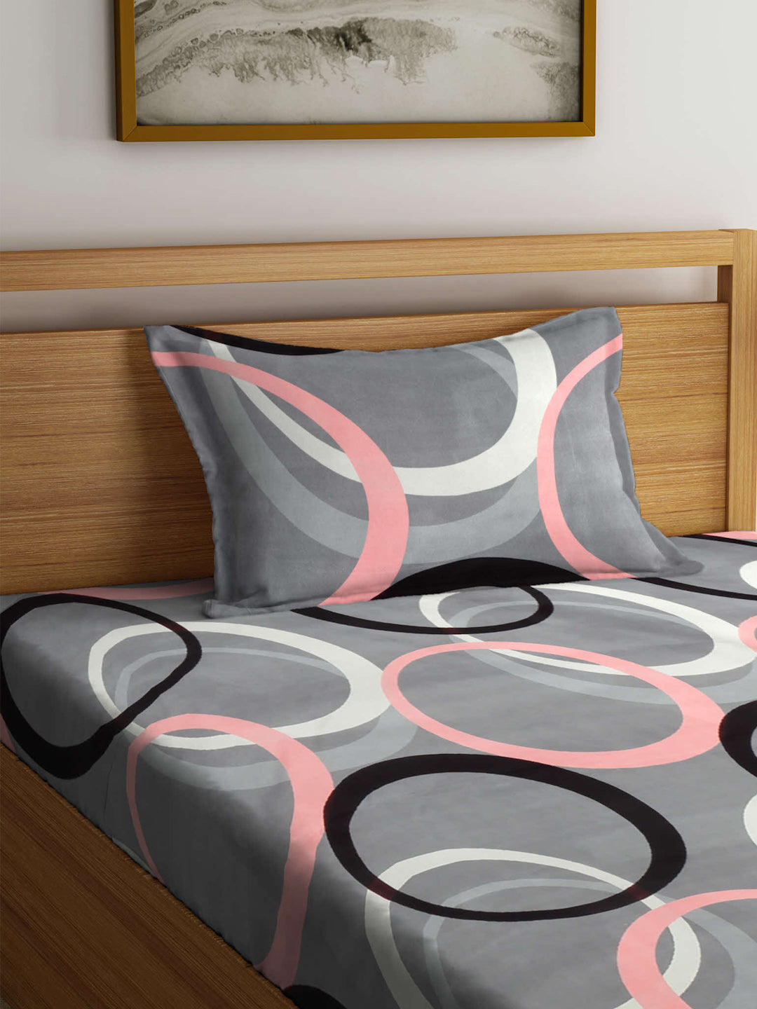 Arrabi Grey Graphic TC Cotton Blend Single Size Bedsheet with 1 Pillow Cover (215 x 150 cm)