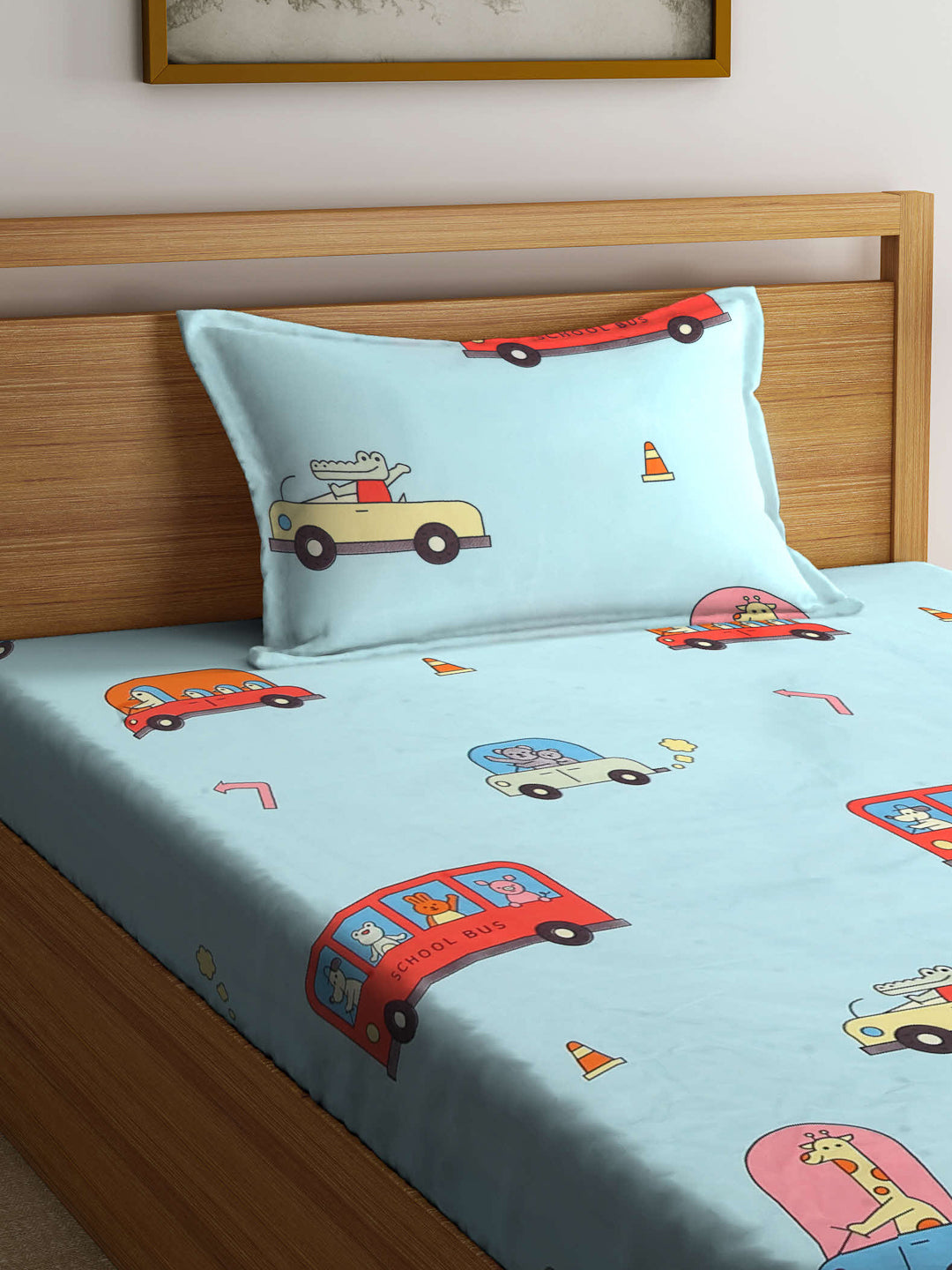 Arrabi Blue Cartoon TC Cotton Blend Single Size Bedsheet with 1 Pillow Cover (215 x 150 cm)