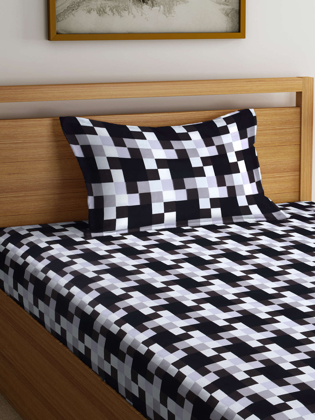 Arrabi Black Geometric TC Cotton Blend Single Size Fitted Bedsheet with 1 Pillow Cover (215 X 150 cm)