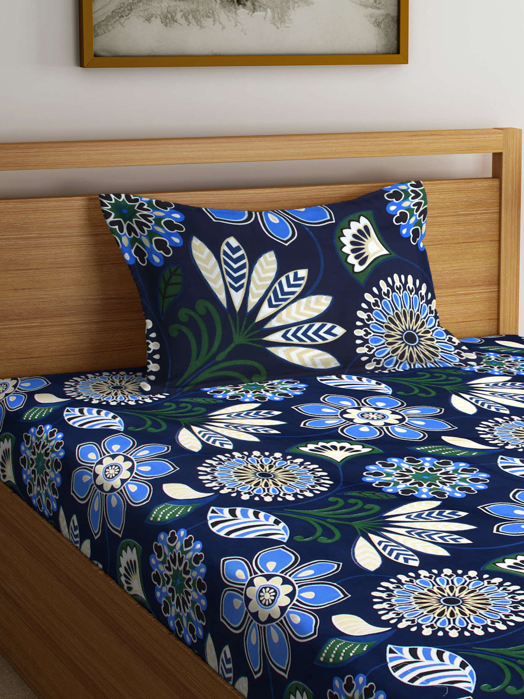 Arrabi Blue Floral TC Cotton Blend Single Size Fitted Bedsheet with 1 Pillow Cover (215 X 150 cm)