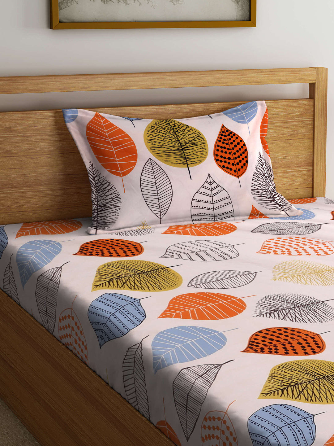 Arrabi Peach Leaf TC Cotton Blend Single Size Fitted Bedsheet with 1 Pillow Cover (215 X 150 cm)