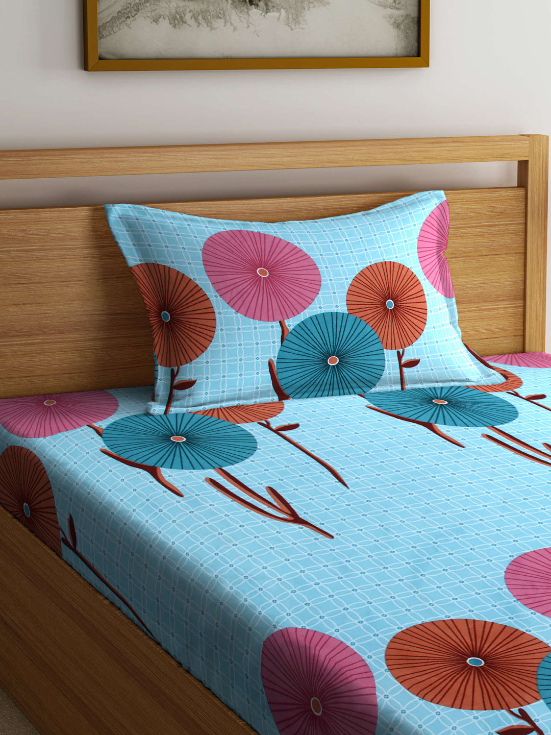 Arrabi Blue Floral TC Cotton Blend Single Size Fitted Bedsheet with 1 Pillow Cover (215 X 150 cm)