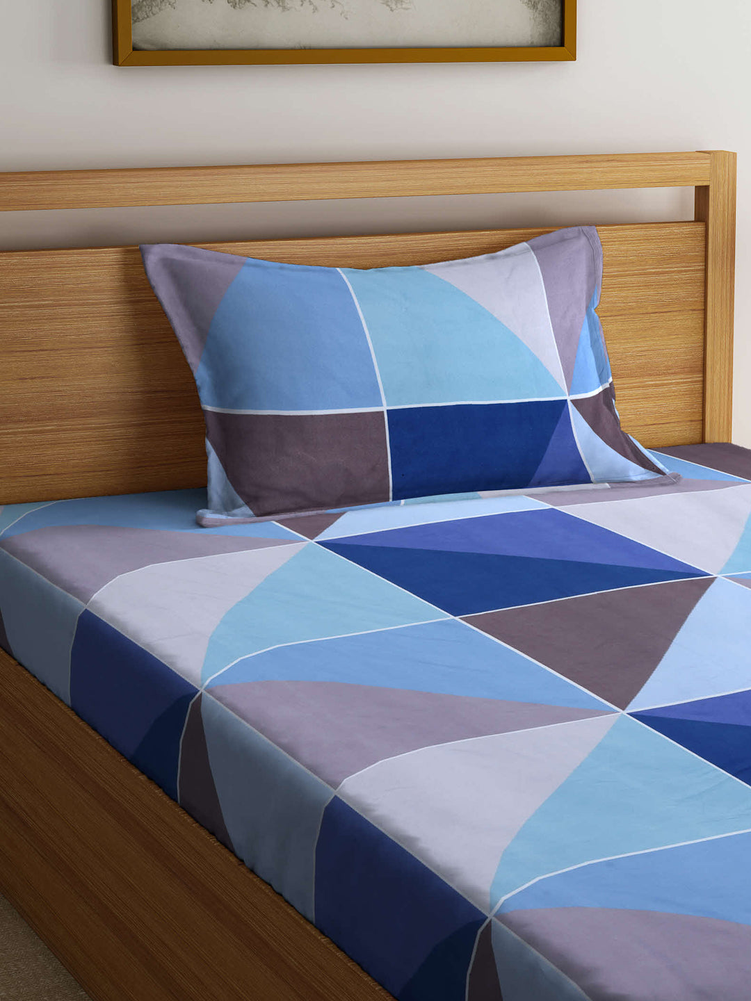 Arrabi Blue Geometric TC Cotton Blend Single Size Fitted Bedsheet with 1 Pillow Cover (215 X 150 cm)