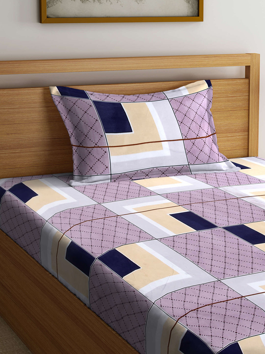 Arrabi Multi Geometric TC Cotton Blend Single Size Bedsheet with 1 Pillow Cover (215 x 150 cm)