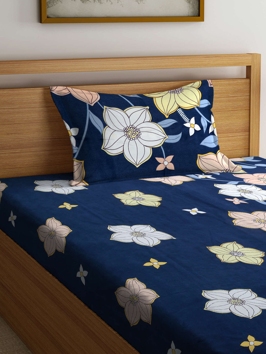 Arrabi Blue Floral TC Cotton Blend Single Size Fitted Bedsheet with 1 Pillow Cover (215 X 150 cm)