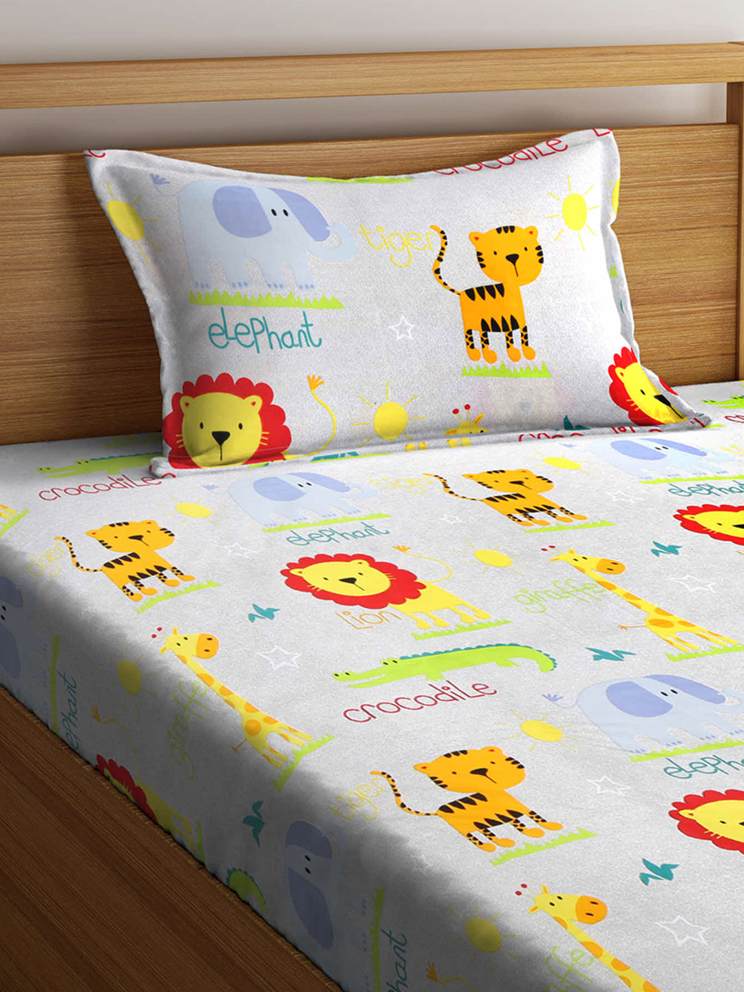 Arrabi Multi Cartoon TC Cotton Blend Single Size Fitted Bedsheet with 1 Pillow Cover (220 X 150 cm)