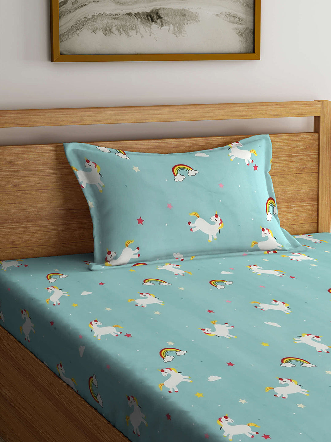 Arrabi Multi Cartoon TC Cotton Blend Single Size Fitted Bedsheet with 1 Pillow Cover (215 x 150 cm)