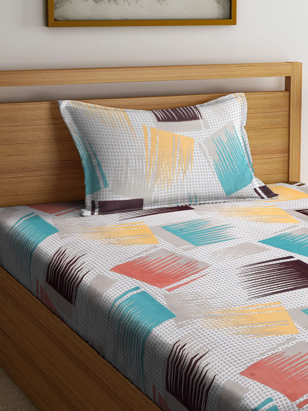 Arrabi Multi Abstract TC Cotton Blend Single Size Bedsheet with 1 Pillow Cover (215 x 150 cm)