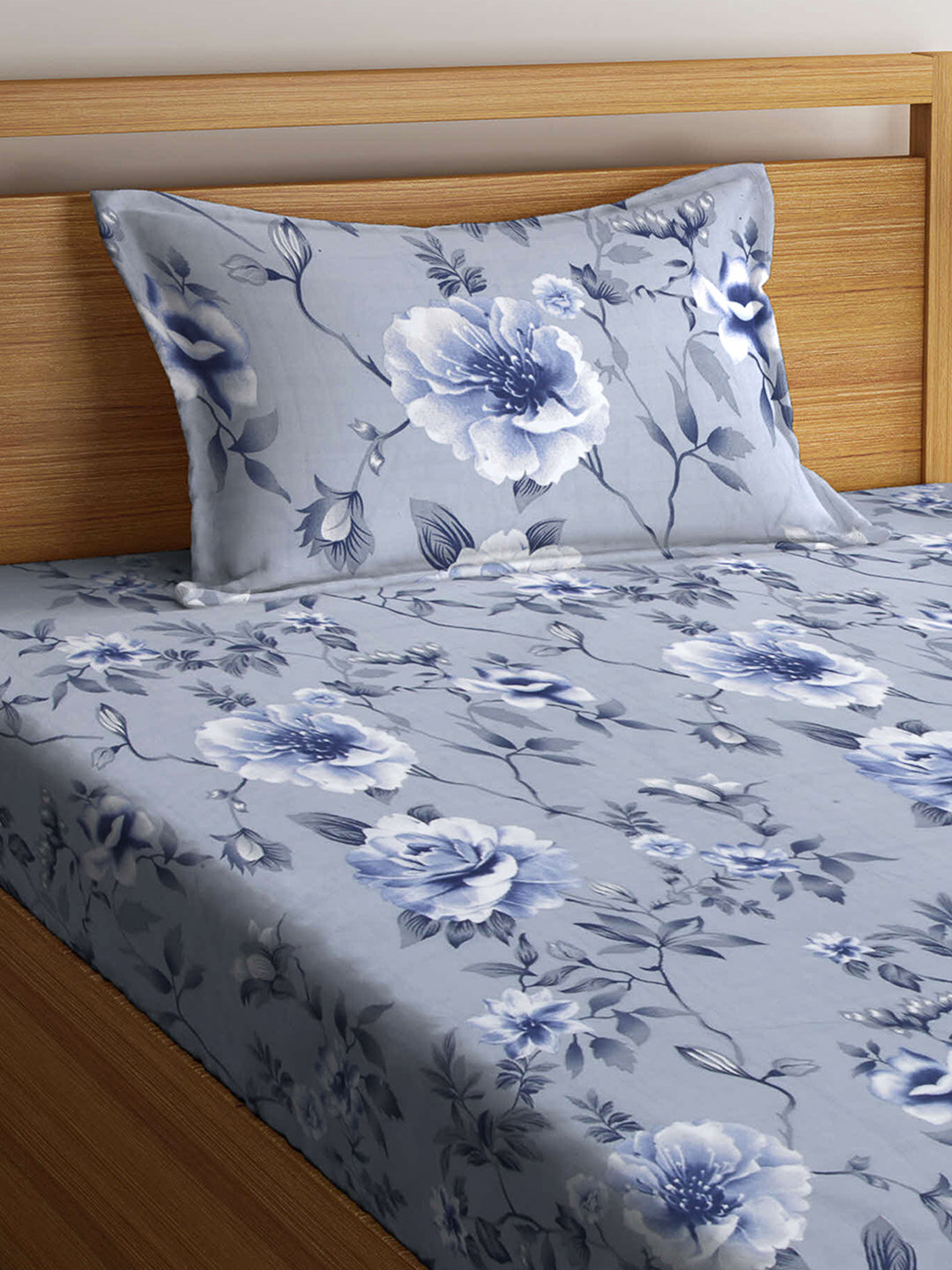 Arrabi Grey Floral TC Cotton Blend Single Size Fitted Bedsheet with 1 Pillow Cover (220 X 150 cm)