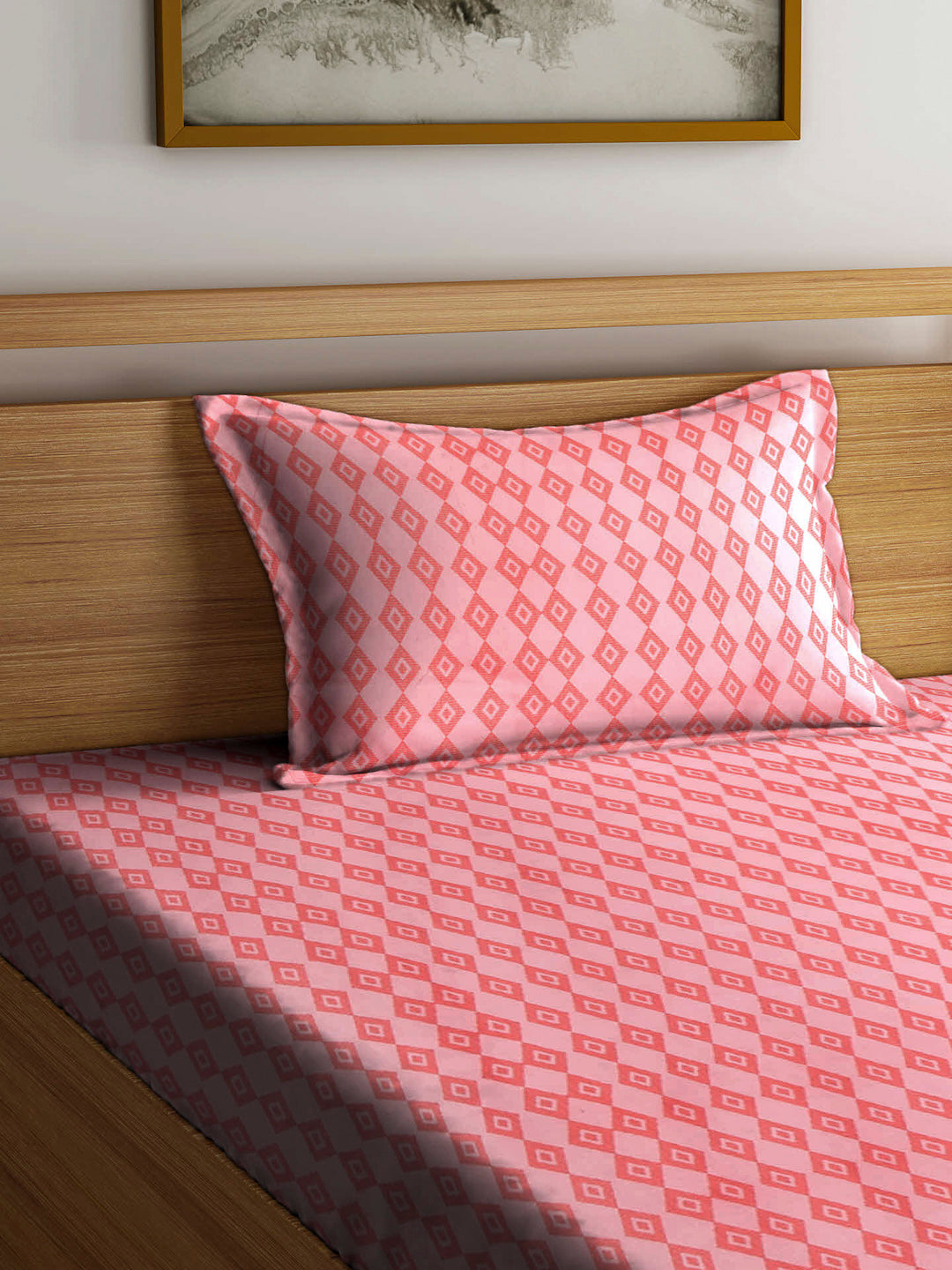 Arrabi Peach Graphic TC Cotton Blend Single Size Fitted Bedsheet with 1 Pillow Cover (220 X 150 cm)