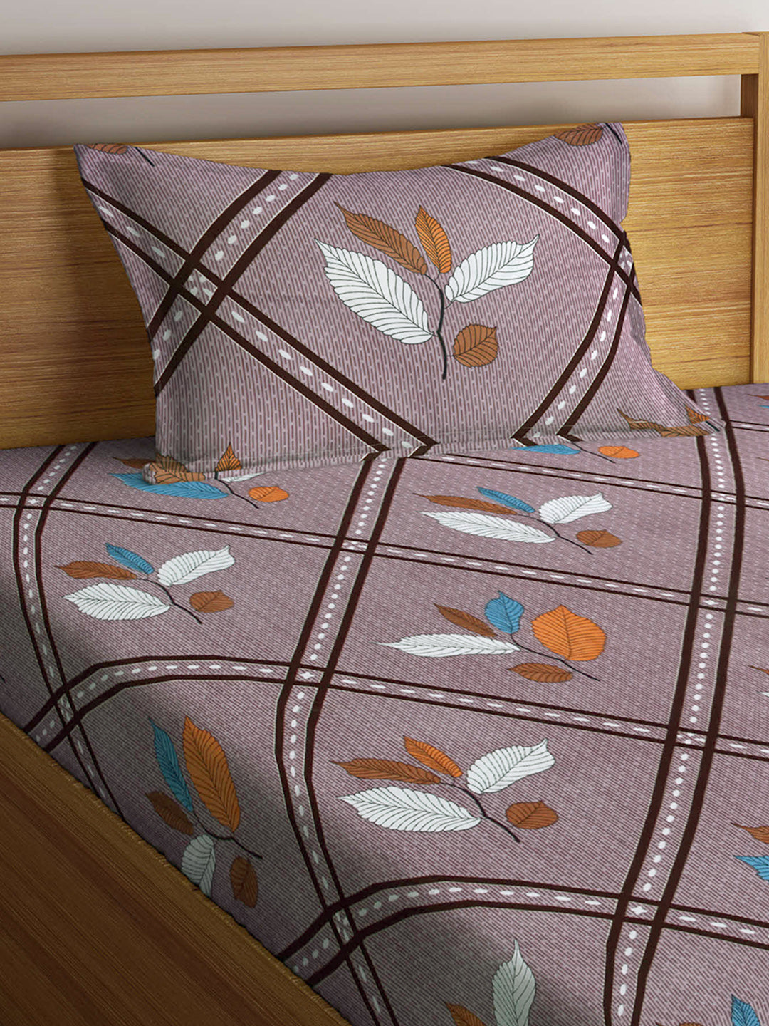 Arrabi Brown Leaf TC Cotton Blend Single Size Fitted Bedsheet with 1 Pillow Cover (220 X 150 cm)