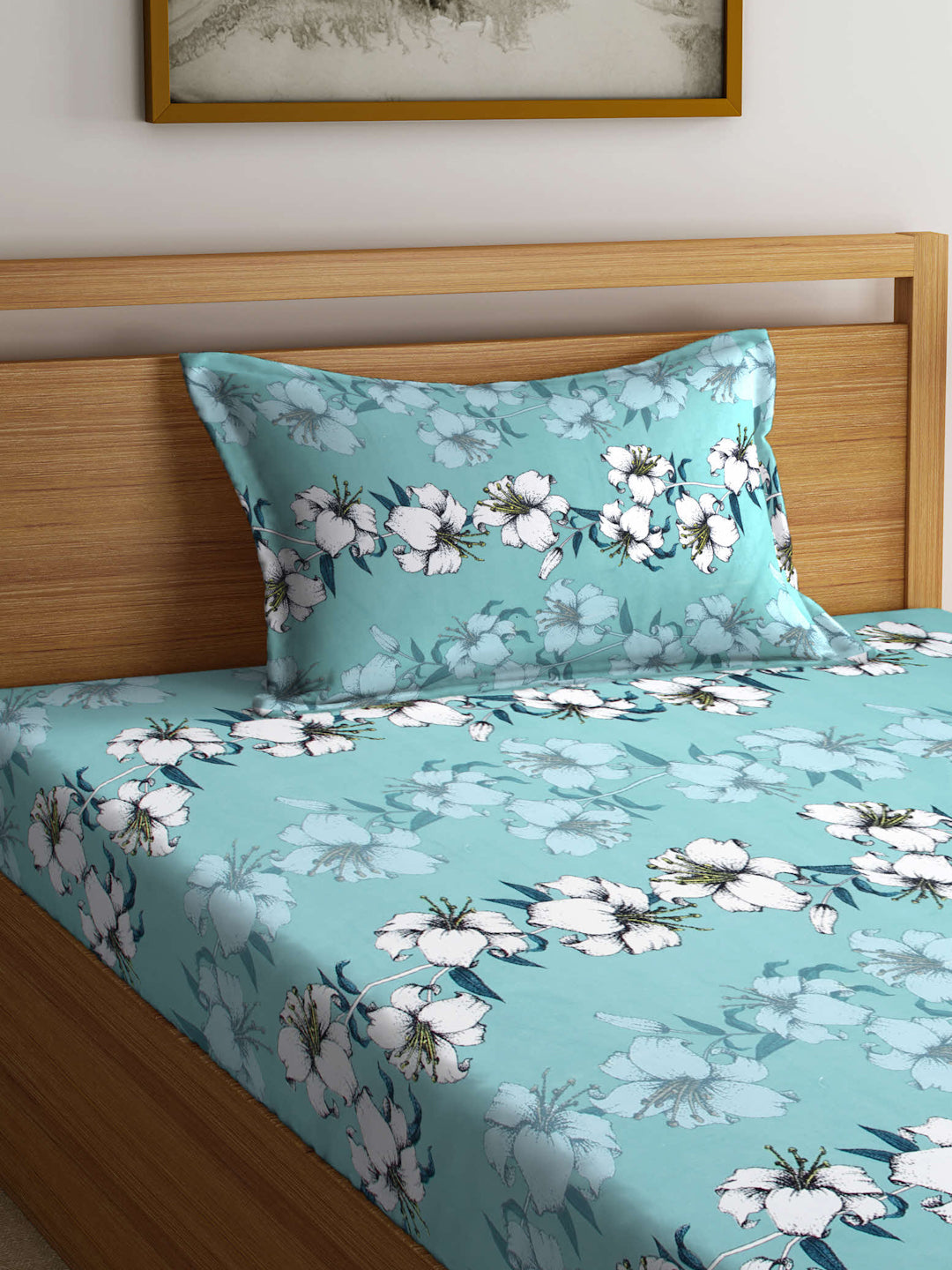 Arrabi Green Floral TC Cotton Blend Single Size Fitted Bedsheet with 1 Pillow Cover (215 X 150 cm)