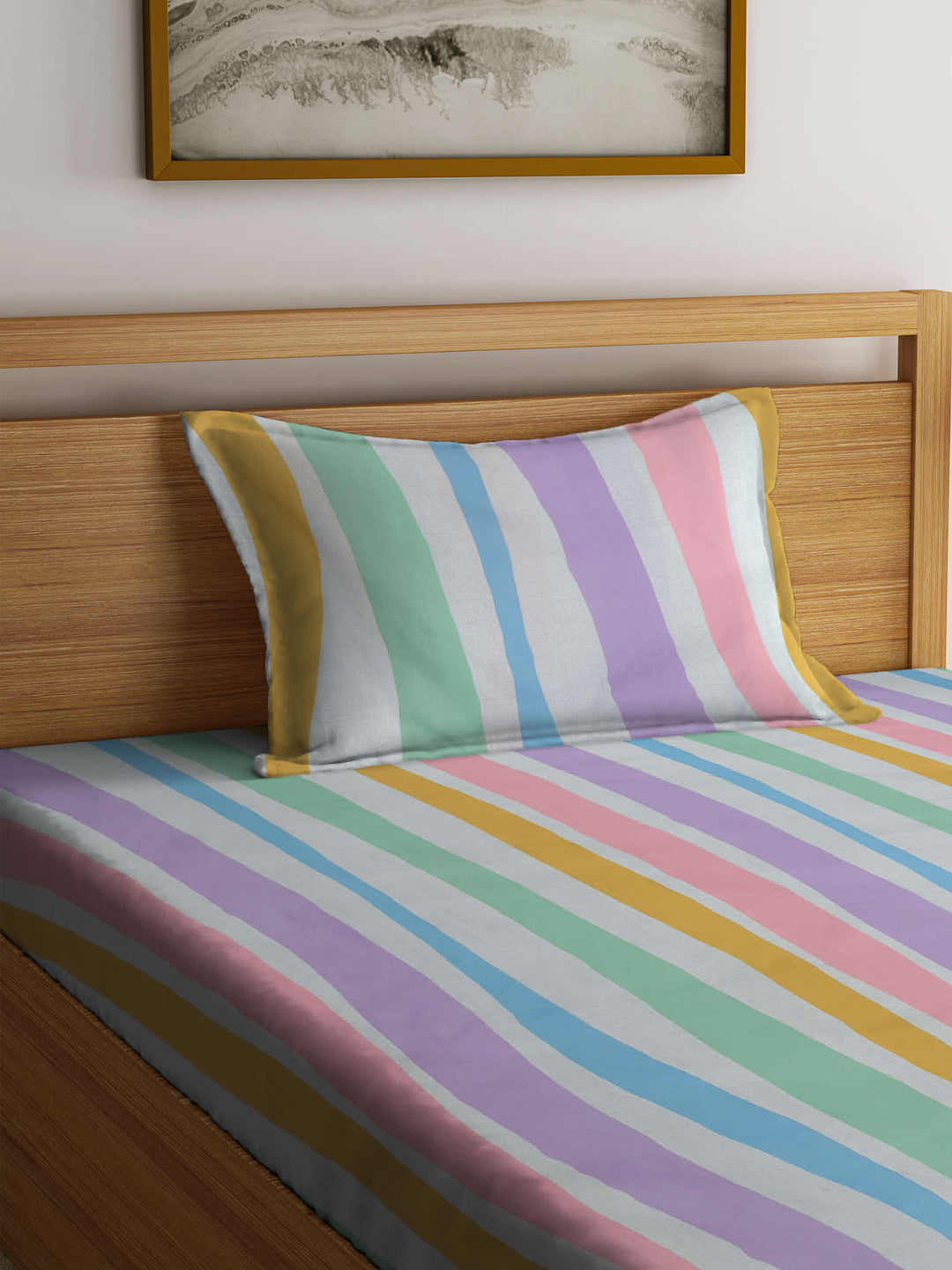 Arrabi Multi Stripes TC Cotton Blend Single Size Fitted Bedsheet with 1 Pillow Cover (215 x 150 cm)