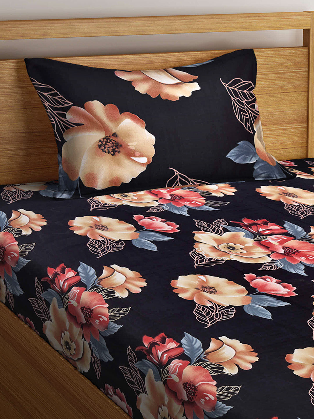 Arrabi Black Floral TC Cotton Blend Single Size Fitted Bedsheet with 1 Pillow Cover (220 X 150 cm)