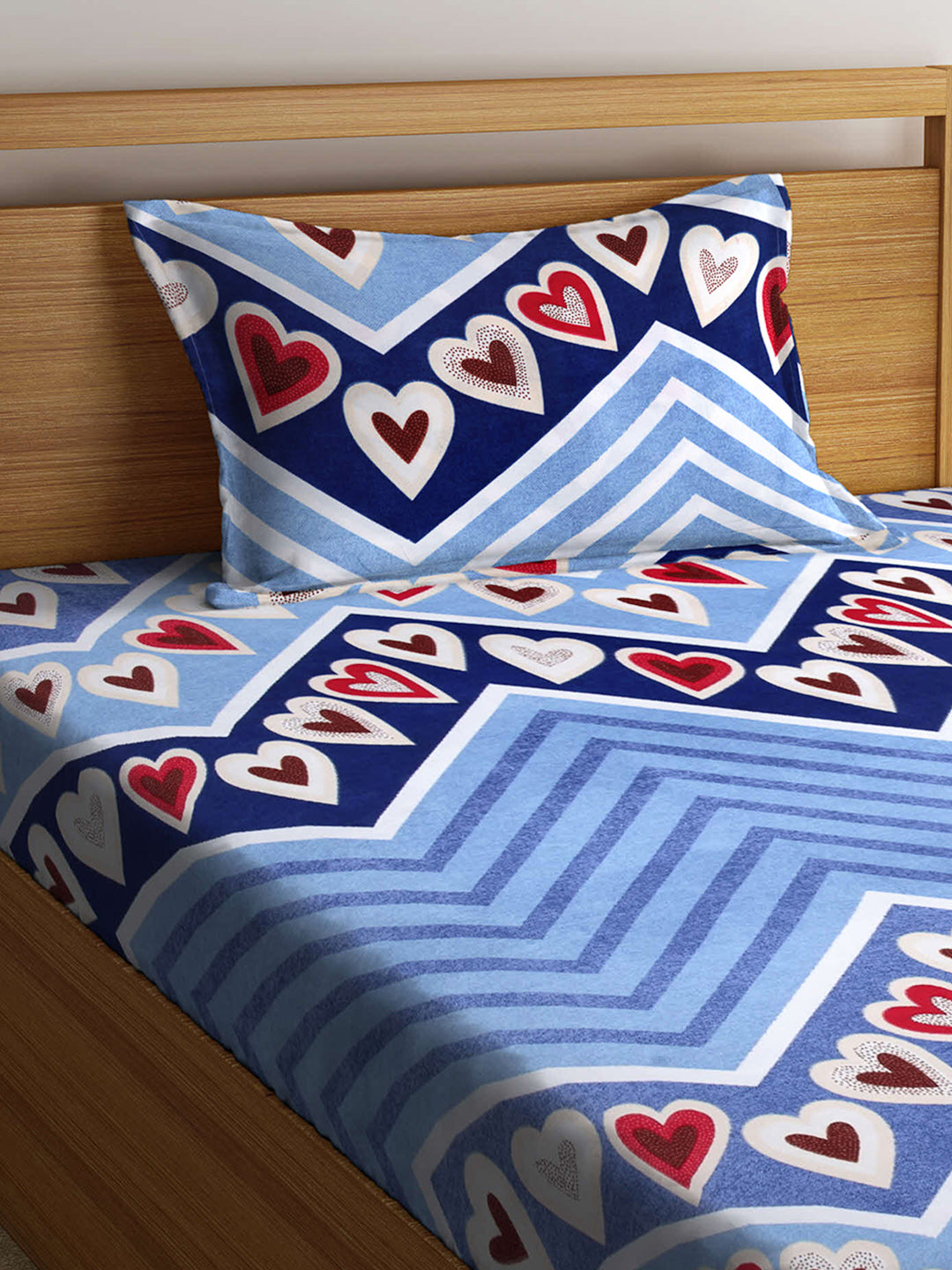 Arrabi Blue Graphic TC Cotton Blend Single Size Fitted Bedsheet with 1 Pillow Cover (220 X 150 cm)