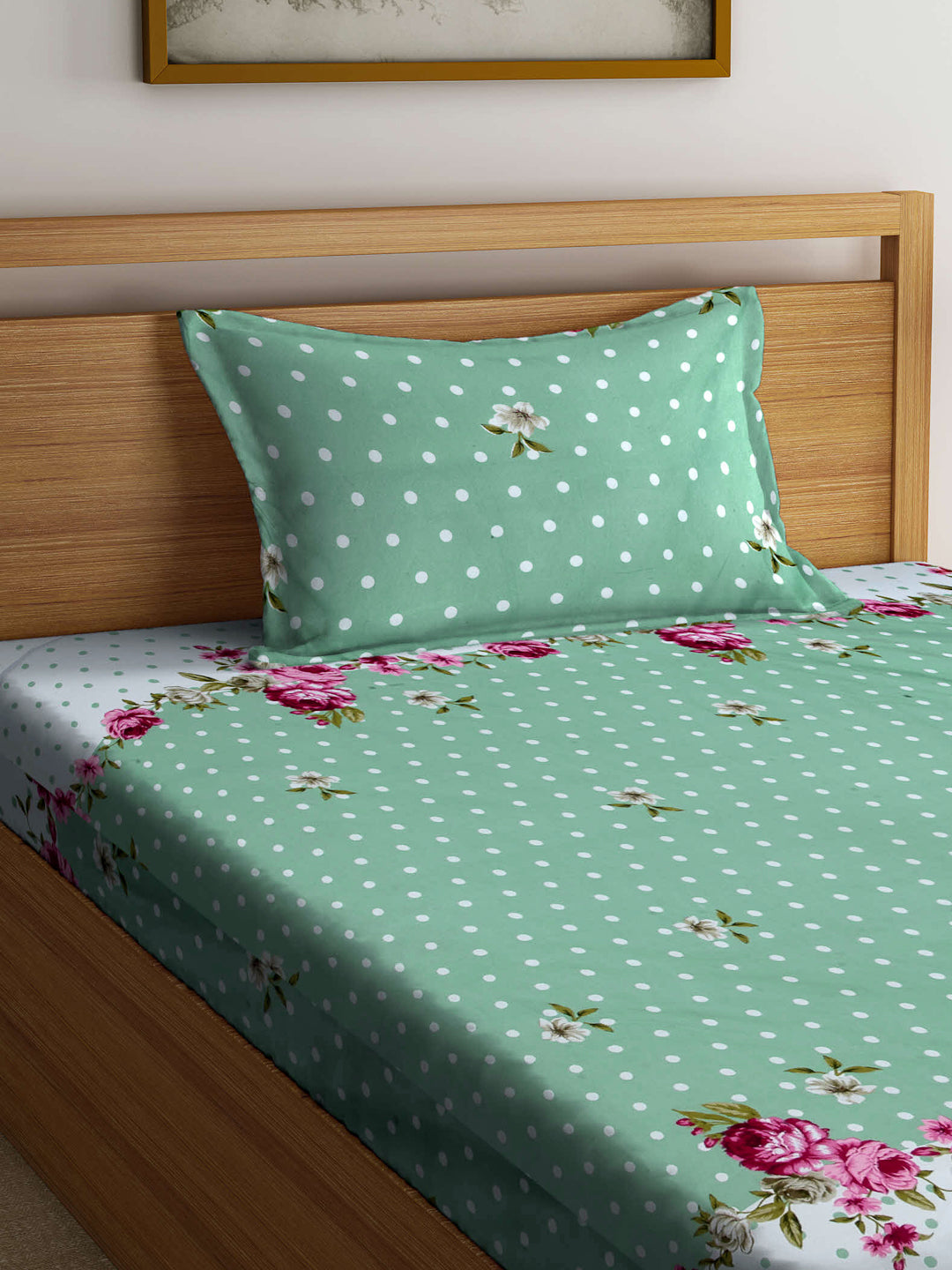 Arrabi Green Floral TC Cotton Blend Single Size Bedsheet with 1 Pillow Cover (215 x 150 cm)