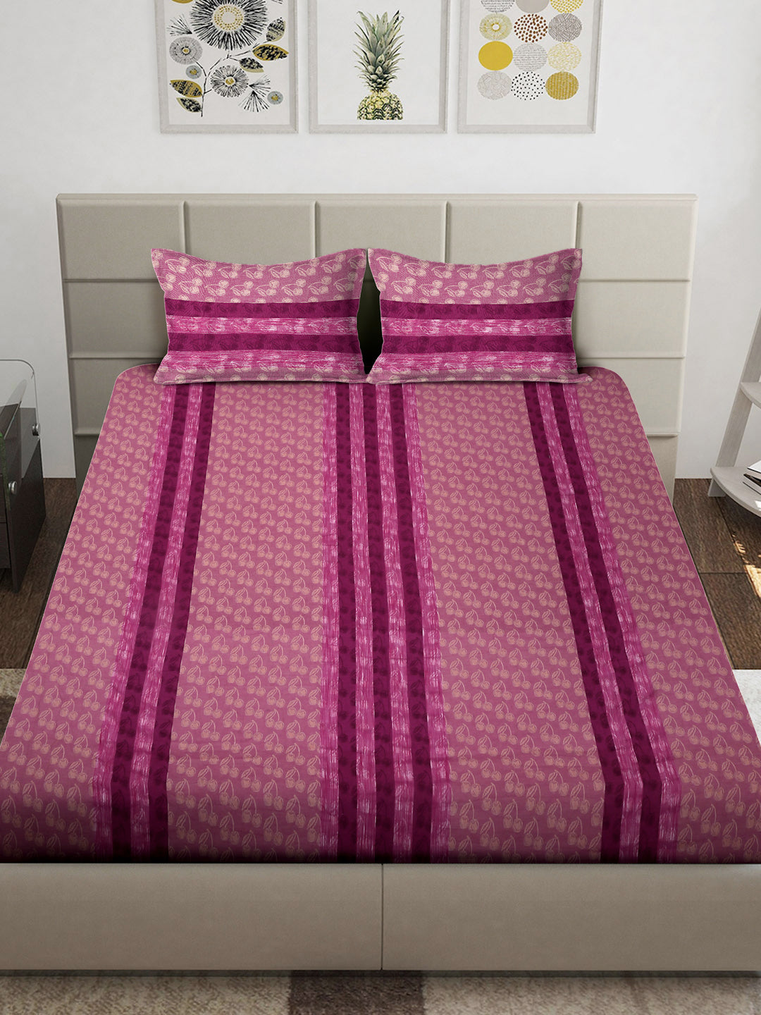 Arrabi Pink Floral 100% Handwoven Cotton Super King Size Bedsheet with 2 Pillow Covers (270 x 260 cm)