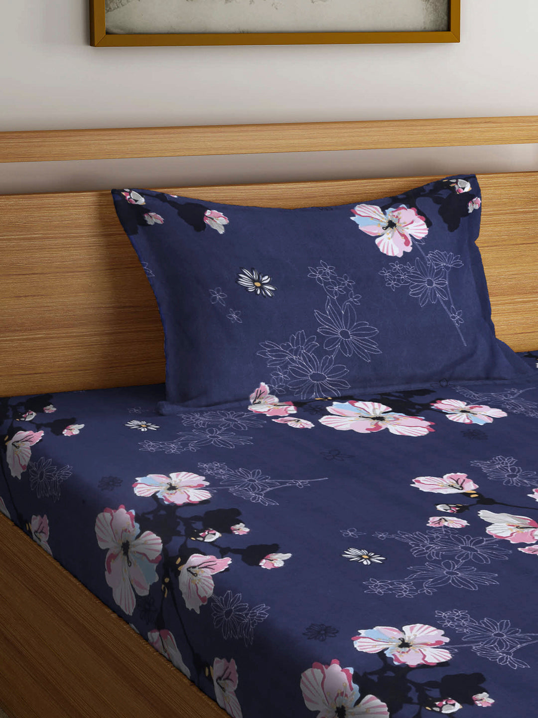 Arrabi Blue Floral TC Cotton Blend Single Size Fitted Bedsheet with 1 Pillow Cover (220 X 150 cm)