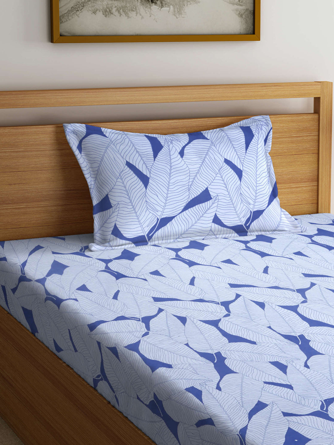 Arrabi Blue Leaf TC Cotton Blend Single Size Bedsheet with 1 Pillow Cover (215 X 150 cm)