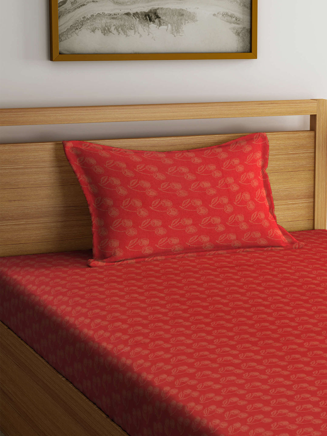 Arrabi Red Leaf Handwoven Cotton Single Size Bedsheet with 1 Pillow Cover (215 x 150 cm)