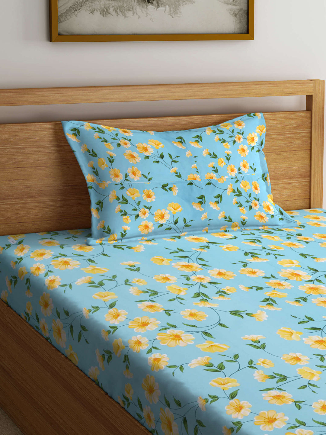 Arrabi Teal Floral TC Cotton Blend Single Size Bedsheet with 1 Pillow Cover (215 X 150 cm)