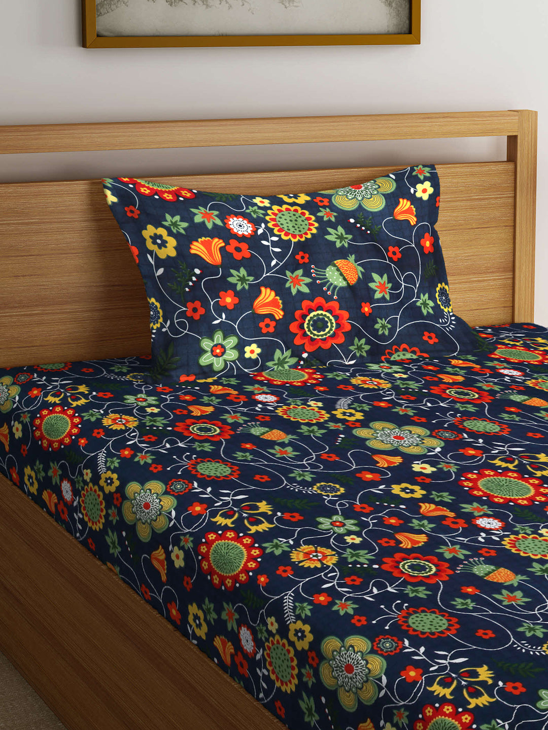 Arrabi Blue Floral TC Cotton Blend Single Size Fitted Bedsheet with 1 Pillow Cover (215 X 150 cm)