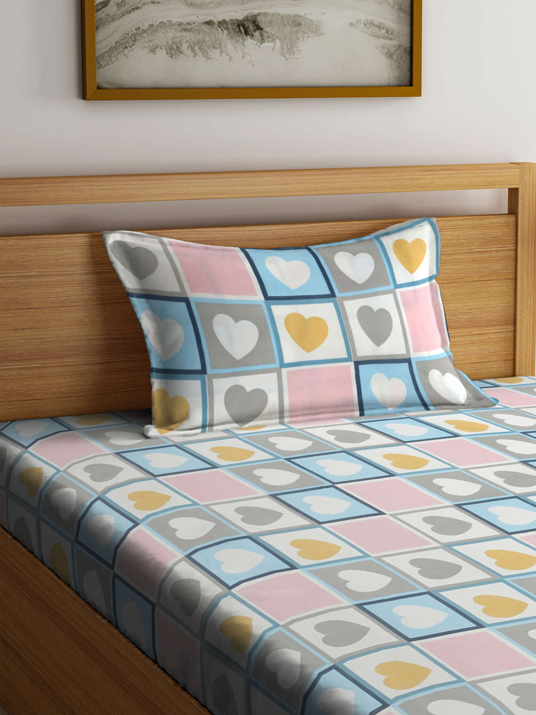 Arrabi Multi Geometric TC Cotton Blend Single Size Bedsheet with 1 Pillow Cover (215 x 150 cm)