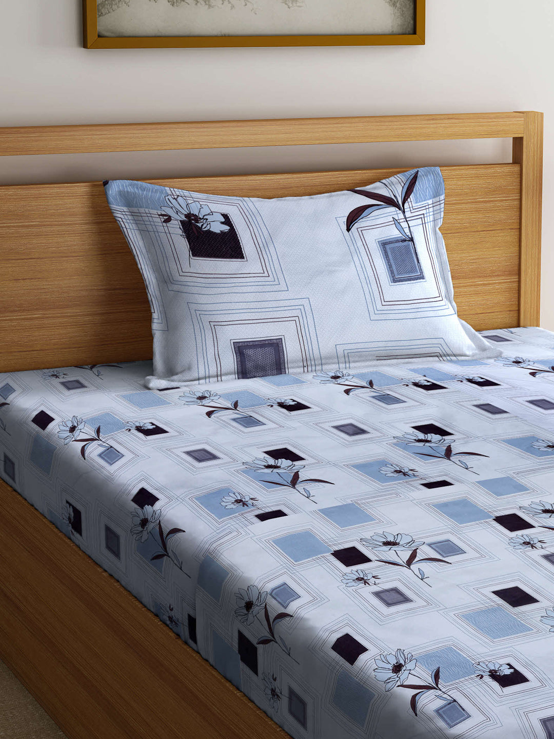 Arrabi White Floral TC Cotton Blend Single Size Fitted Bedsheet with 1 Pillow Cover (215 X 150 cm)