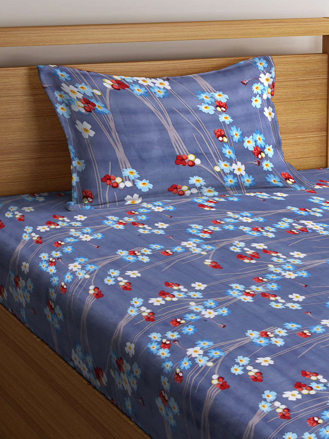 Arrabi Grey Floral TC Cotton Blend Single Size Fitted Bedsheet with 1 Pillow Cover (220 X 150 cm)