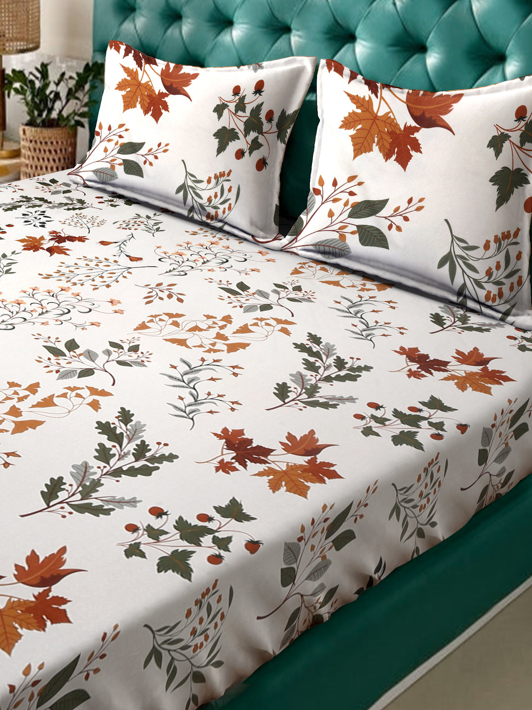 Arrabi Beige Leaf TC Cotton Blend Super King Size Bedsheet with 2 Pillow Covers (270 x 260 cm)