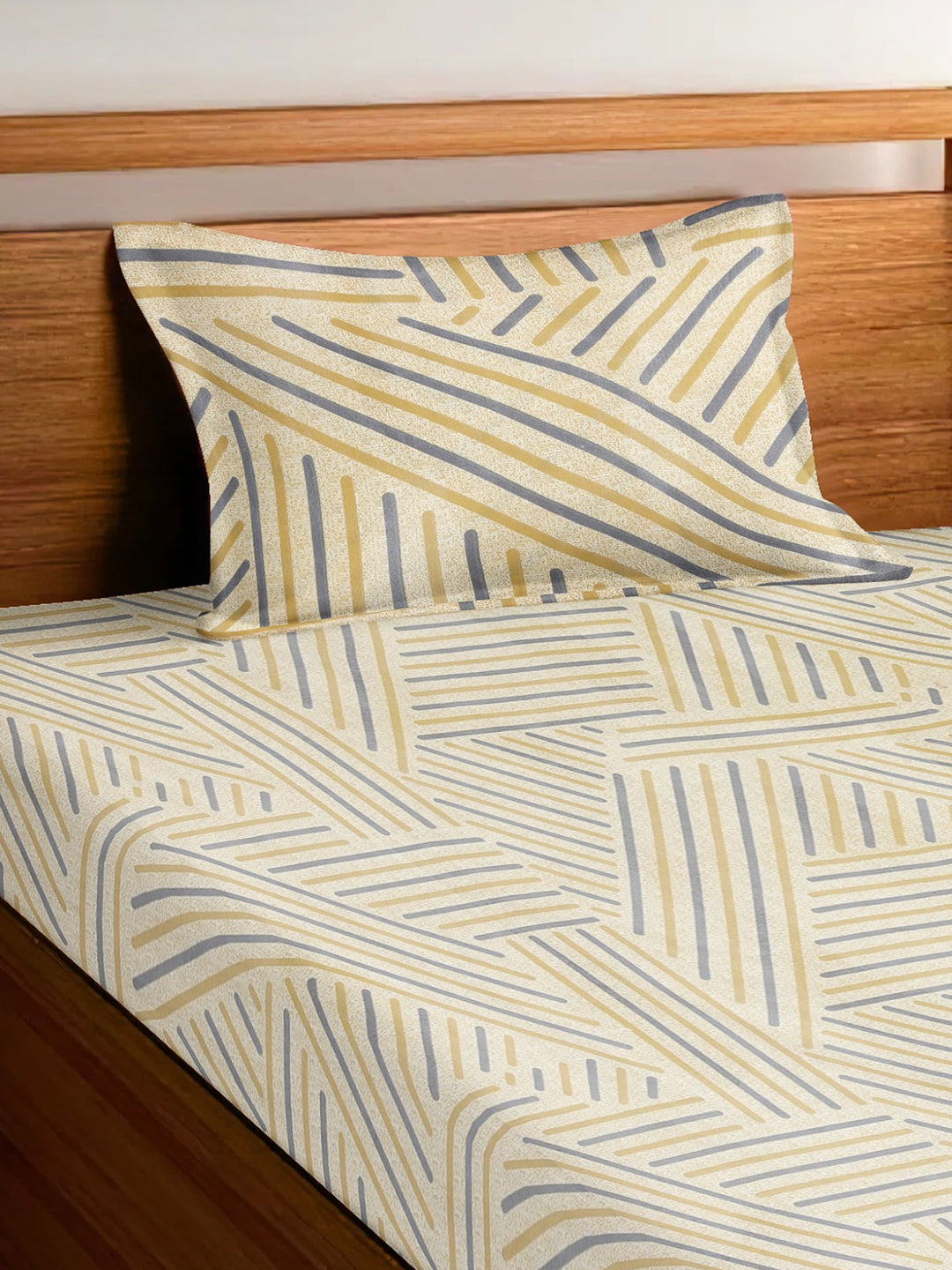 Arrabi Beige Stripes TC Cotton Blend Single Size Bedsheet with 1 Pillow Cover (215 x 150 cm)